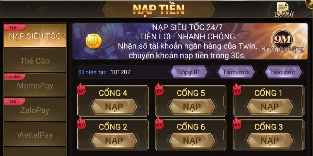 Hướng dẫn cách nạp - rút nhanh chóng trên game TWIN68