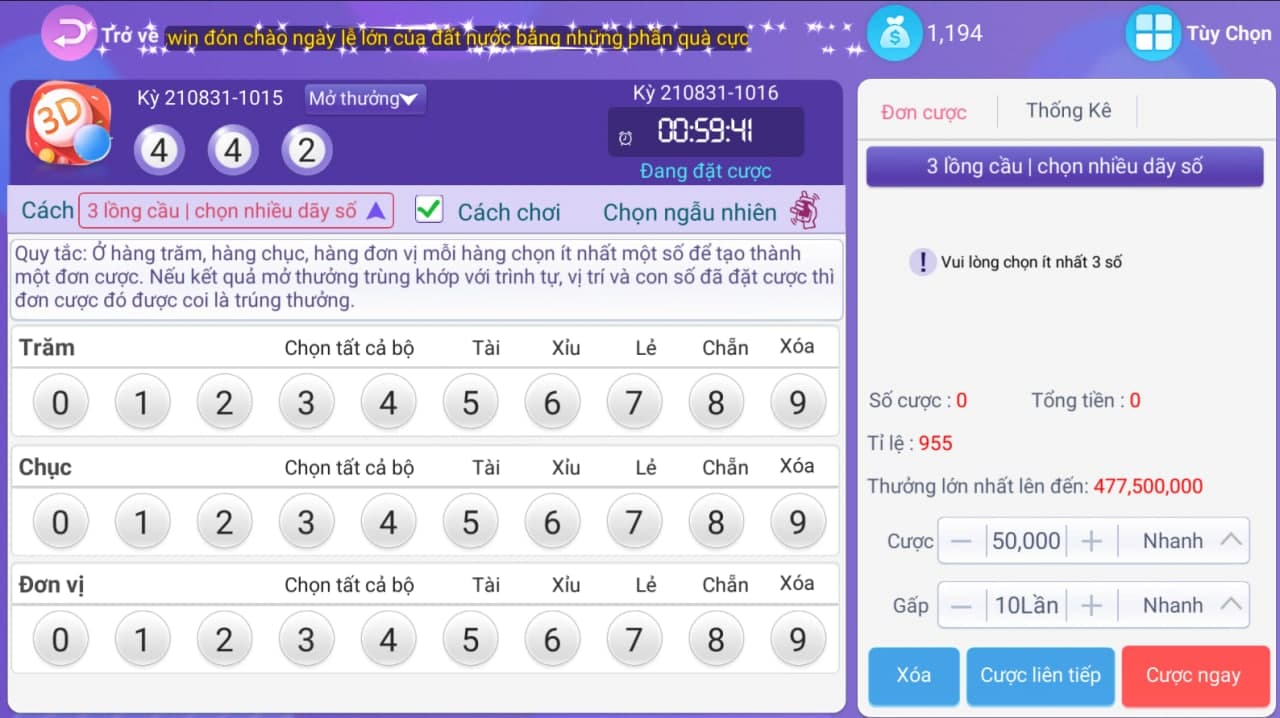 giao diện chơi game xổ số 3d tại twin